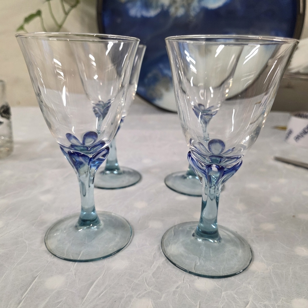 (4) ARC France Wine Glass Tulip Swirl Blue Stem Royal Prestige Goblet Luminarc